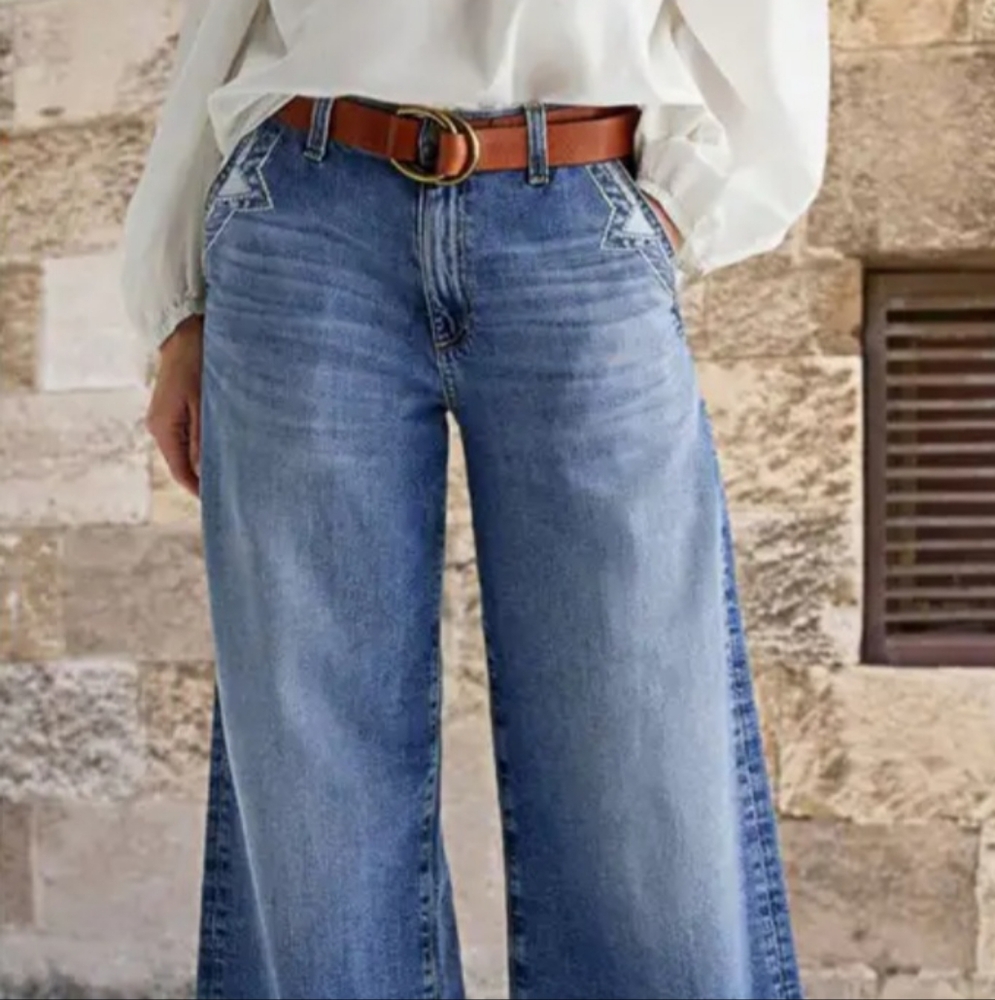 Wash Stitch Decor Wide Leg Mid Rise Jeans Without Belt